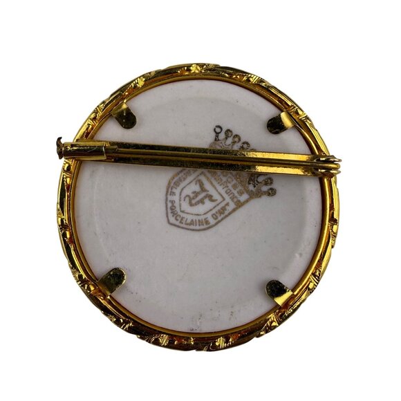 Limoges France Gold Tone Porcelain Vintage Brooch Hand Painted Scene - Picture 2 of 4